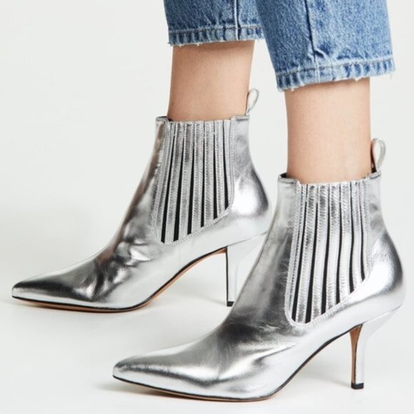 Diane Von Furstenberg Mollo Metalic Silver Leather Pointy Toe Booties Size 7M - Picture 1 of 1